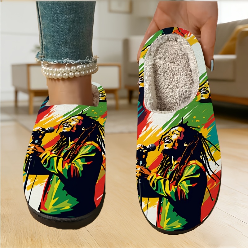 TEMU Stylish Unisex Slippers Featuring A Graffiti Art Design Reggae Musicians, Ideal For Celebrating Black History Month