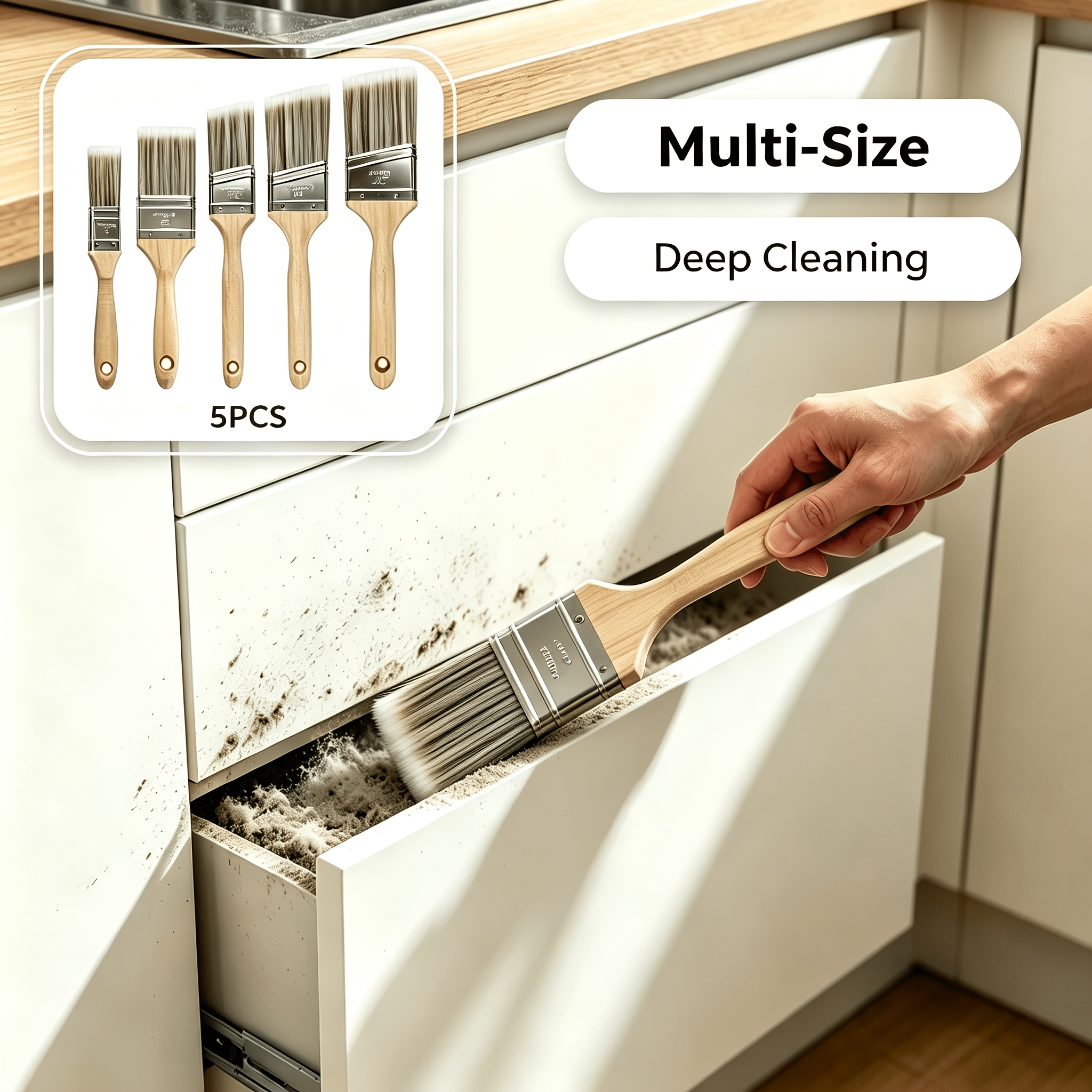 TEMU 5pcs Paint Brush Set, Tapered Synthetic Bristles, Wooden Handles, Detail Brushes For Window Frames On Walls, Cabinets And Fences, Tools