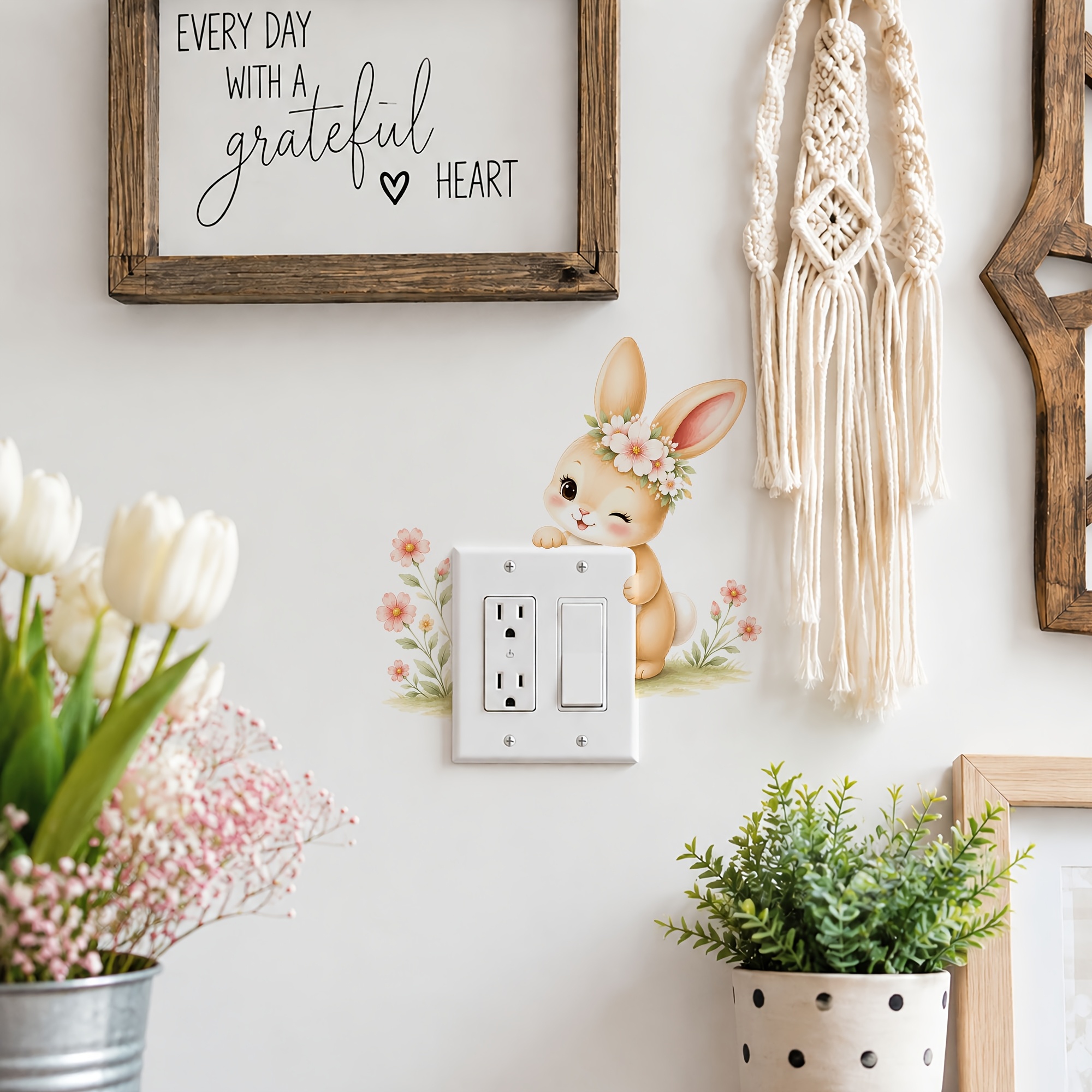 Cute Rabbit Floral Light Switch Wall Sticker Decor