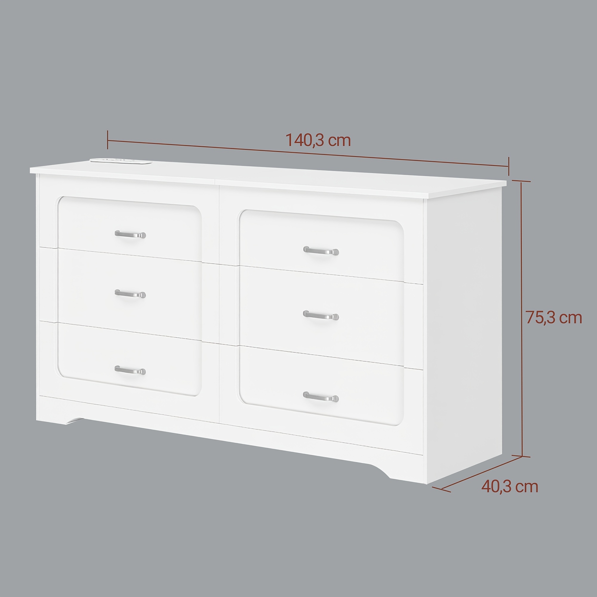 140.3cm Six-drawer Chest Of Drawers, Built-in Charging Socket, Matte End, Fingerprint-resistant, Reinforced To Prevent , To Messy Wiring, Large-capacity Home Storage Organizer
