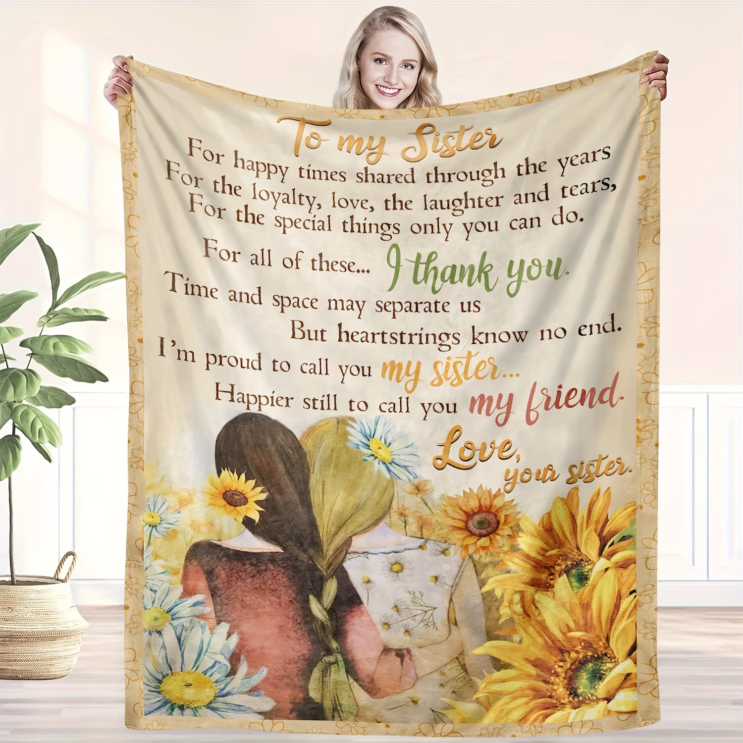 

Sister Appreciation Sunflower & Back Silhouette Soft Flannel Throw Blanket - Sentimental Message, All Seasons Cozy Style Knitted Polyester Throw With Digital Printing, Ideal Gift - 59x79 Inch