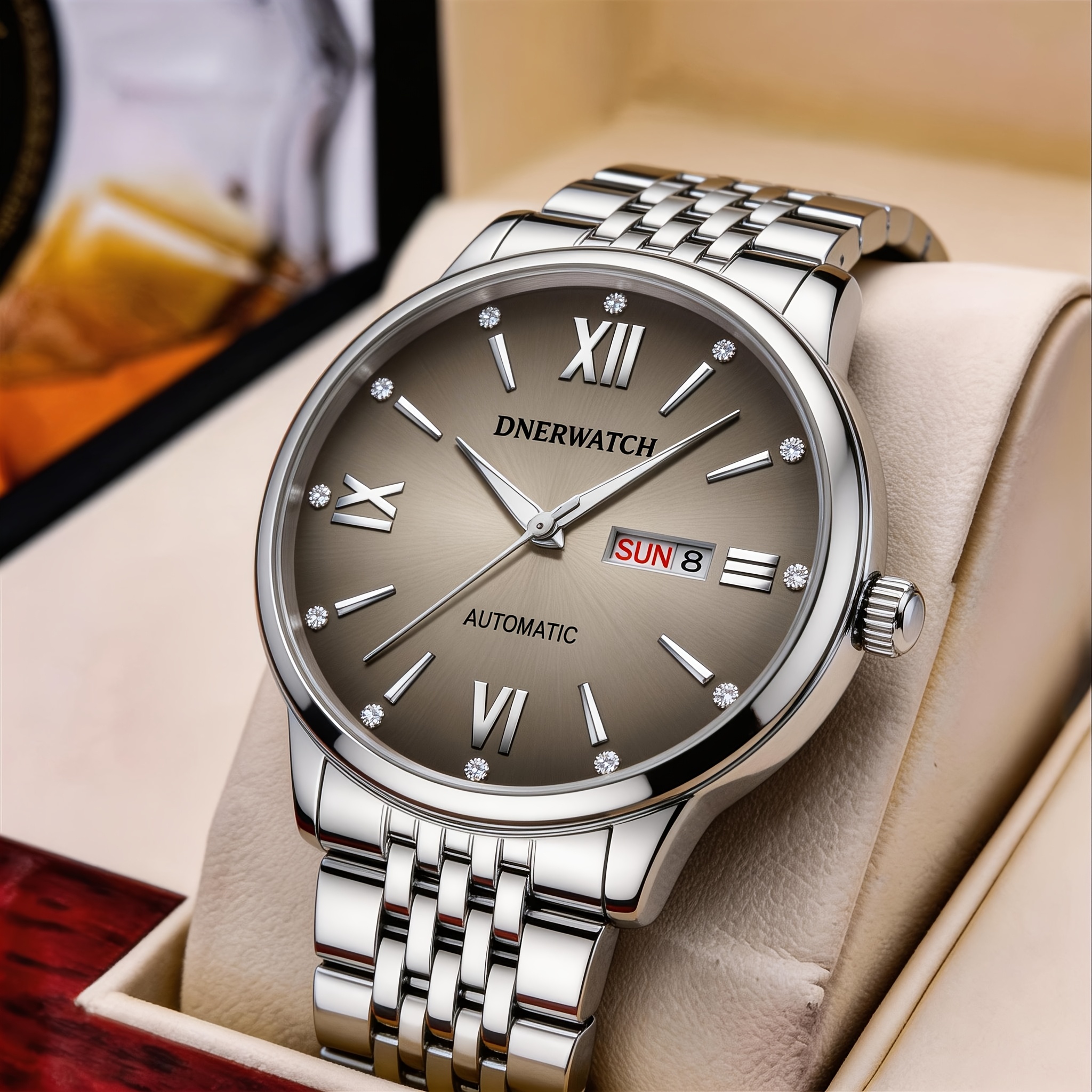 Image of Dnerwatch Men' Mechanical Watch, Stainless Steel Strap, Gradient Gray Dial, Roman Rhinestone Markers, Week Calendar Date Display, Luxury Watch, Without Battery