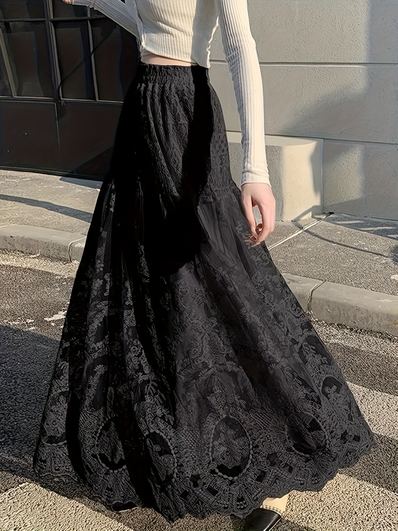 elegant high waist black lace embroidered a line skirt Temu - Main Image