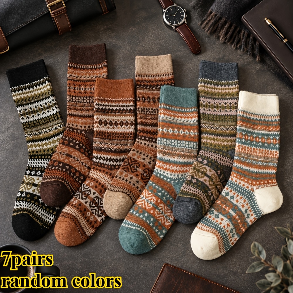 TEMU 7 Paires de Chaussettes Unisexe, Automne Hiver Chaud Confortable Style Ethnique Rétro Couleurs Boisées, Couleurs Aléatoires