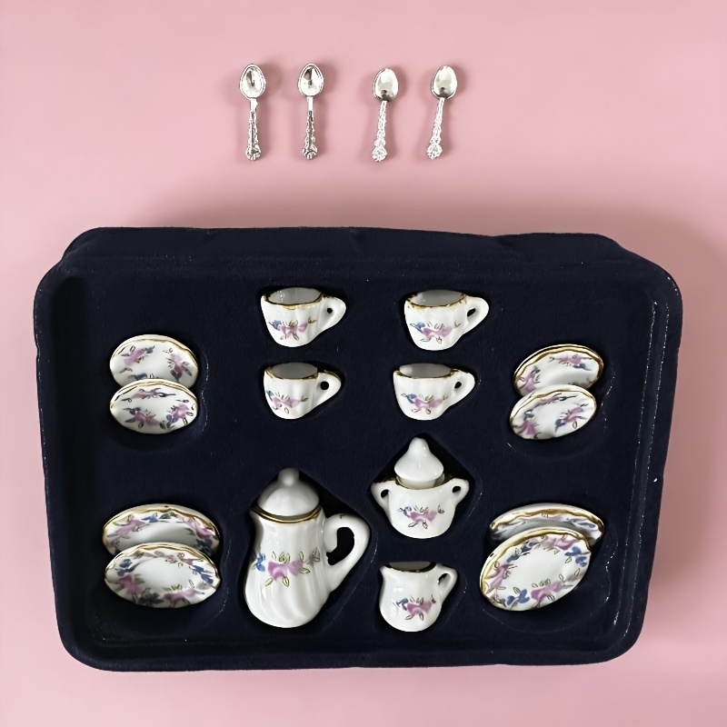 TEMU 19pcs Dollhouse Miniature Ceramic Tea Set: 15 Tea Cups + 4 Simulated Alloy Mini Spoons, Dollhouse Scene Decoration Ornament, Photography Prop,
