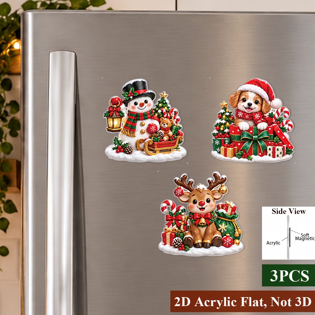TEMU 3pcs Set 2d Flat Acrylic Christmas Fridge Magnets, Snowman Reindeer Puppy Christmas Patterns, Christmas Holiday Decorations, For Christmas Party