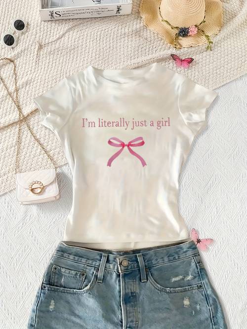 girls bow print t shirt short sleeve round neck blouse suitable for spring summer beach vacation outfits soft breathable medium stretch washable half sleeve blouse for school birthday gifts for teen girls casual wear