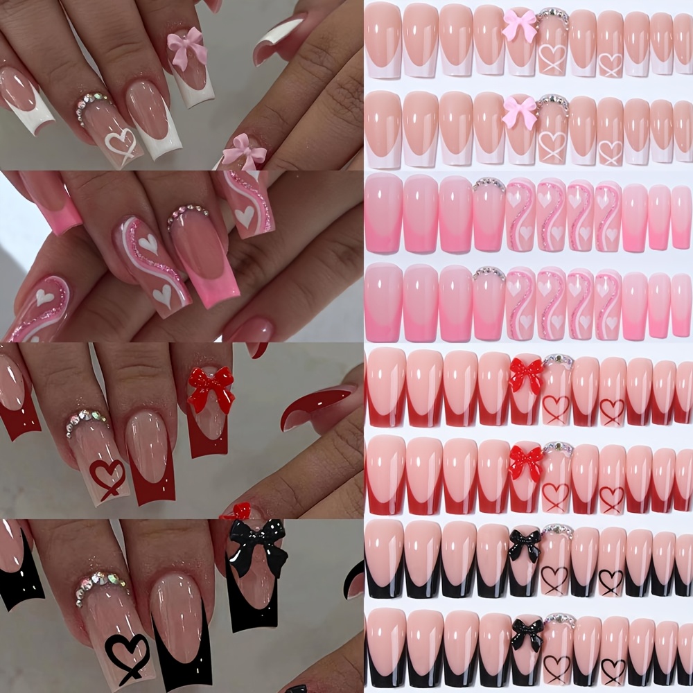 TEMU 96 pièces Faux ongles à pression pour femme, style coquette, French manucure avec nœuds 3D et de cœurs en strass - Ongles artificiels carrés