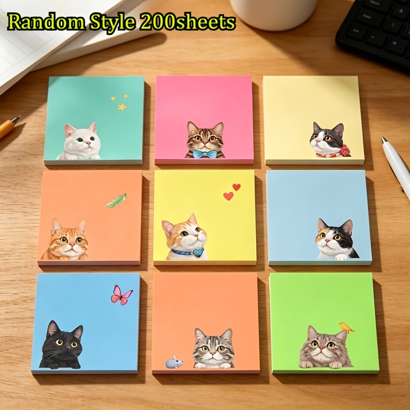 TEMU 200pcs Macaron Cat Sticky Notes Suitable For Journal Decoration, 4 Random Kawaii Designs With Adhesive Backing - Soft Aesthetic Square Notes For