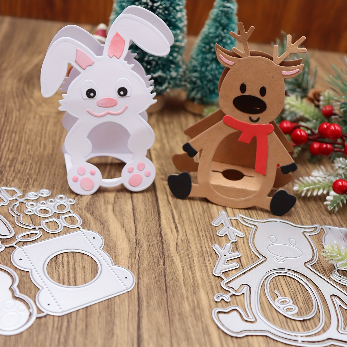 

Jolly Animal Cutouts: Silver Metallic Rabbit And Deer For Festive Cards And Diy Projects