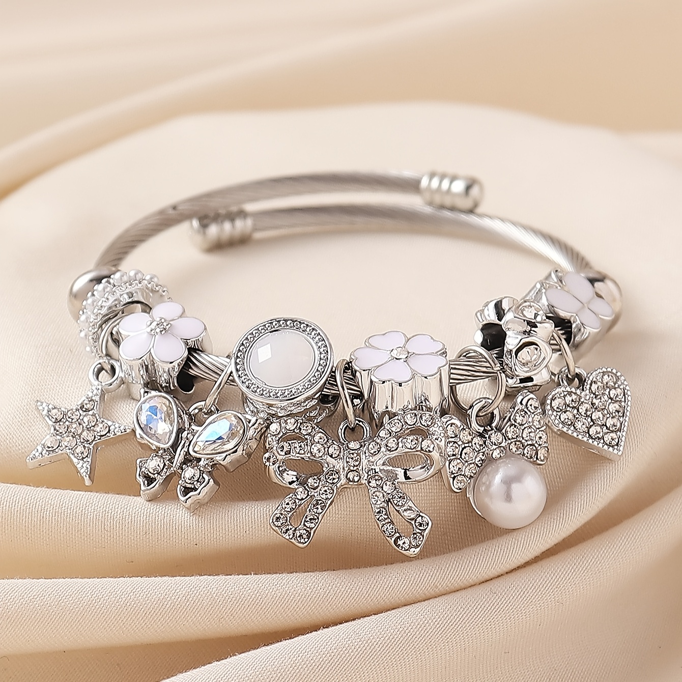 

Elegant Stainless Steel Open Cuff Bracelet With Pearl, , And Crystal Charms - Heart, Star, , Flower Designs - Parties, Vacations, And Casual Attire, Charm Bracelet