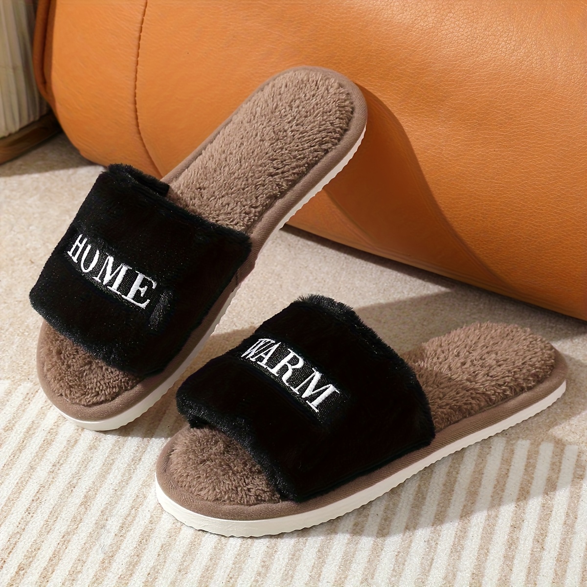 TEMU Plush Slip-on Winter Slippers With Letter Embroidery - Cozy /outdoor House Suitable For Home & Casual Wear - Soft Fabric Upper & Sole - European