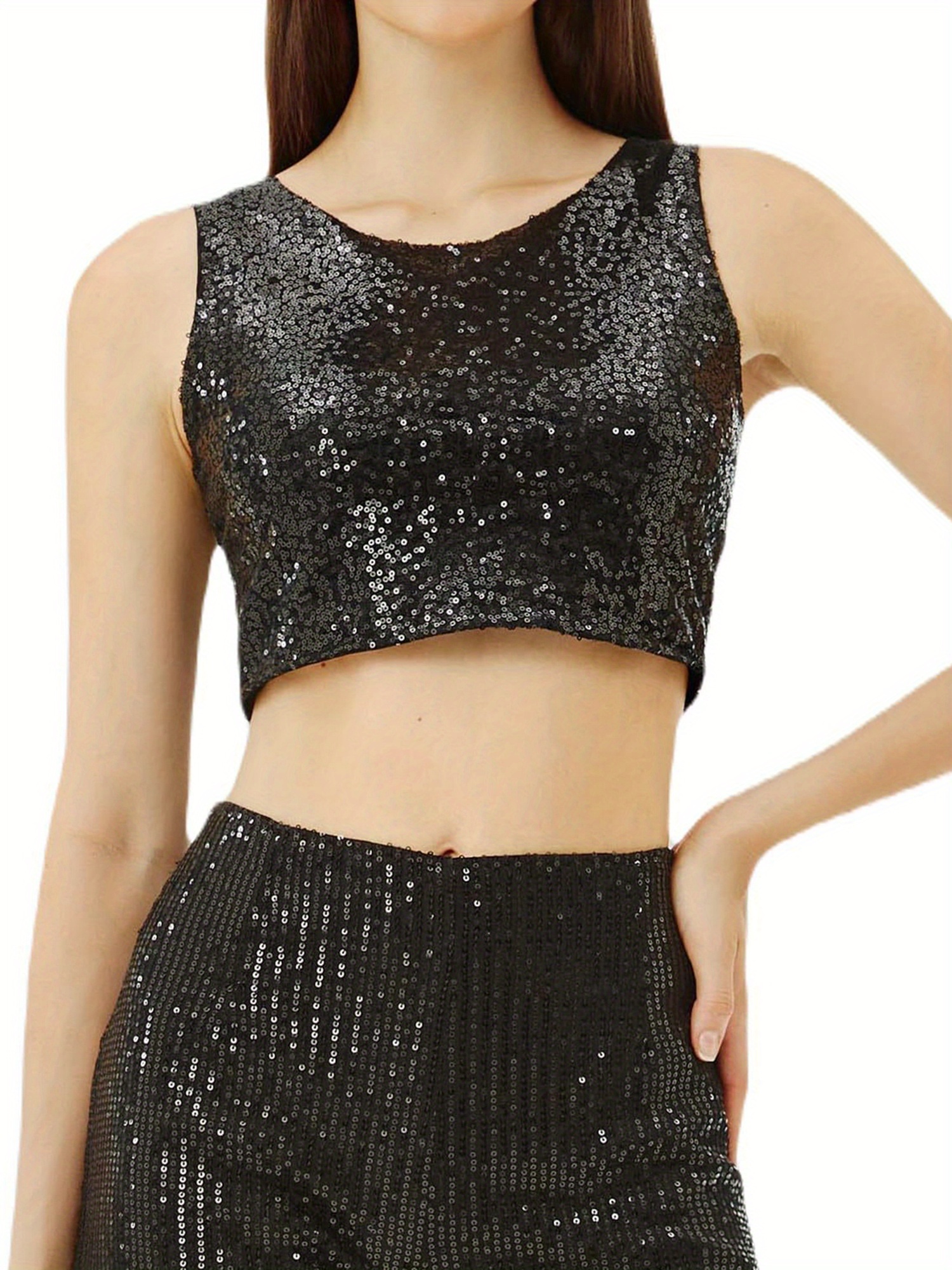 womens sexy sequin crop fit shiny metallic tank Temu