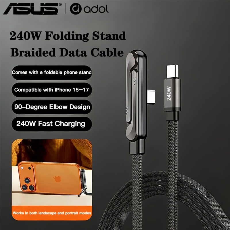 Artikelbild   240w faltbarer ständer geflochtenes usb-c kabel, 90-grad l-förmiges schnellladekabel für iphone/samsung/huawei/xiaomi/ , pd ladegerät für gaming & büro, horizontal/  ladehalter design für gamer
