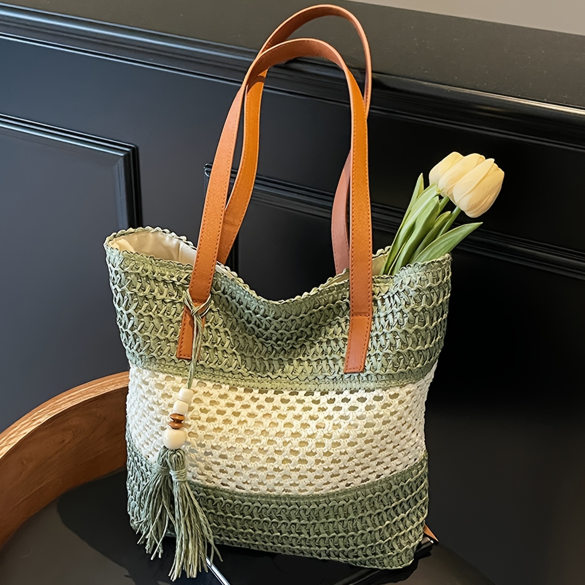 E-shop Perfekte Lily Damen Handgewebte Handtasche - Gestreifte Strandtasche mit Fransendetail, Geräumiger Reißverschluss für Sommerreisen, Arbeit &