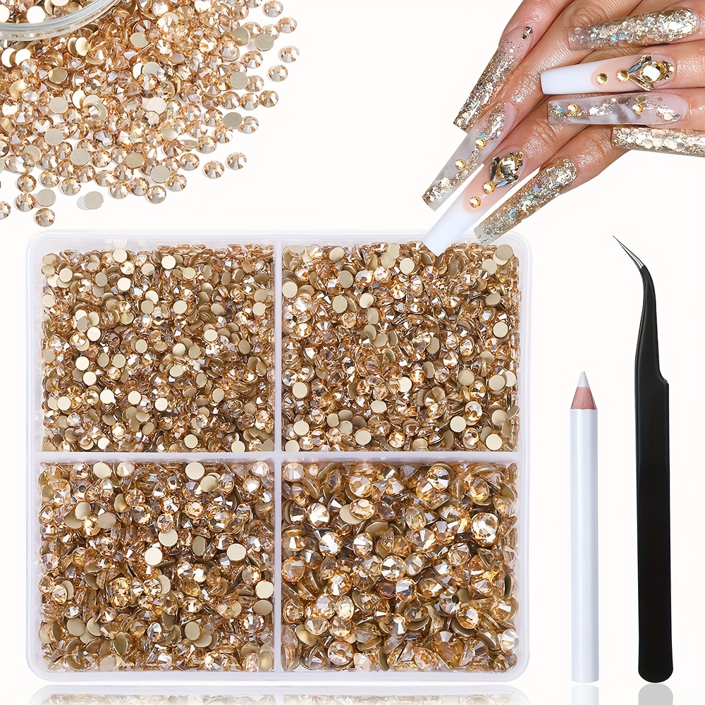 

4600pcs Champagne Golden Glass Beads For Nail Art Decoration, With Wax Pen Tweezers