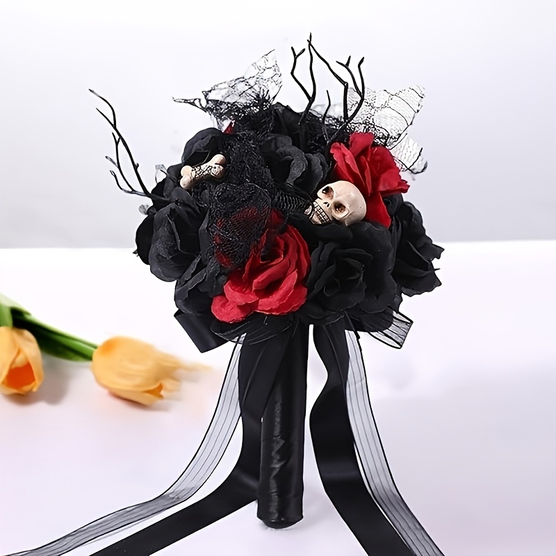 TEMU 11-inch For Halloween Bouquet, Red And Black Rose, For Halloween Artificial Flowers, Suitable For Halloween Wedding Party Festive Table Center