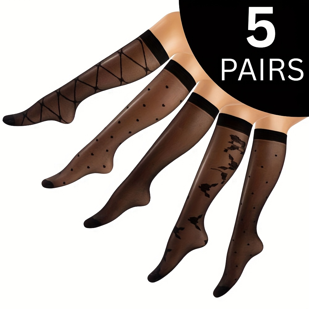 Image of 5 Pairs Women's Sheer Knee-high Socks, Elegant Patterned Calf-length Hosiery, And White, Comfortable And Breathable Women's Stockings And Hosiery