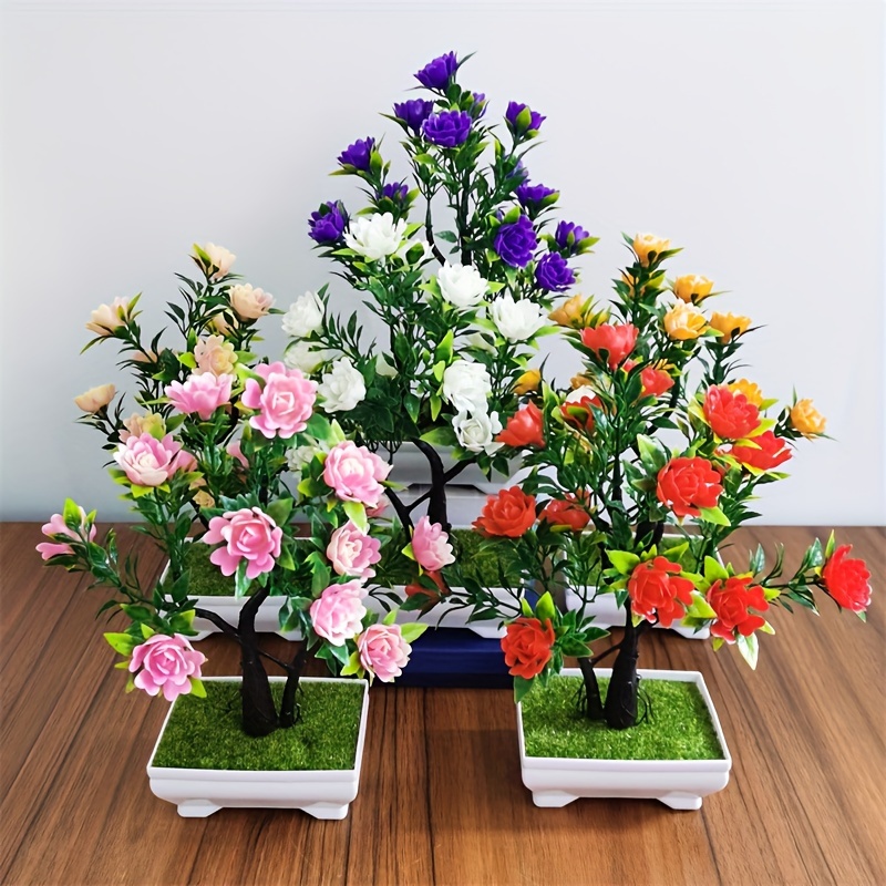 

7pcs Artificial Plant Bonsai Artificial Flower Rose False Flower Plastic Pot Indoor Home Desktop Decoration Rich Tree Decoration
