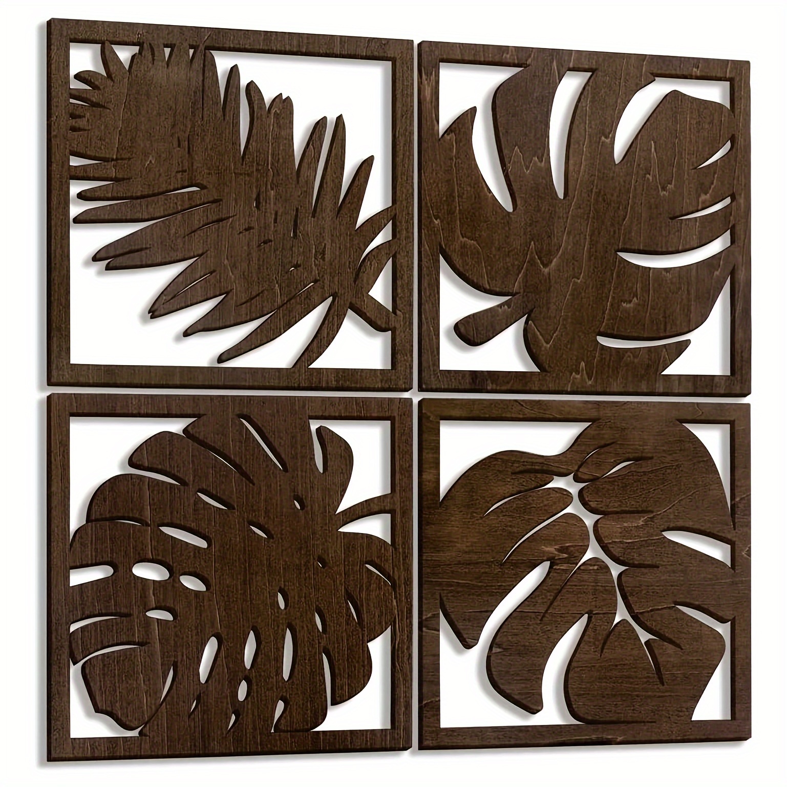 

4pcs Tropical Wall Art, Leaves Wall Decor, Wooden Leaves Plant Wall Decor, Hollow Tropical Leaves Pattern With Photo Frame Design, For Bedroom, Living Room