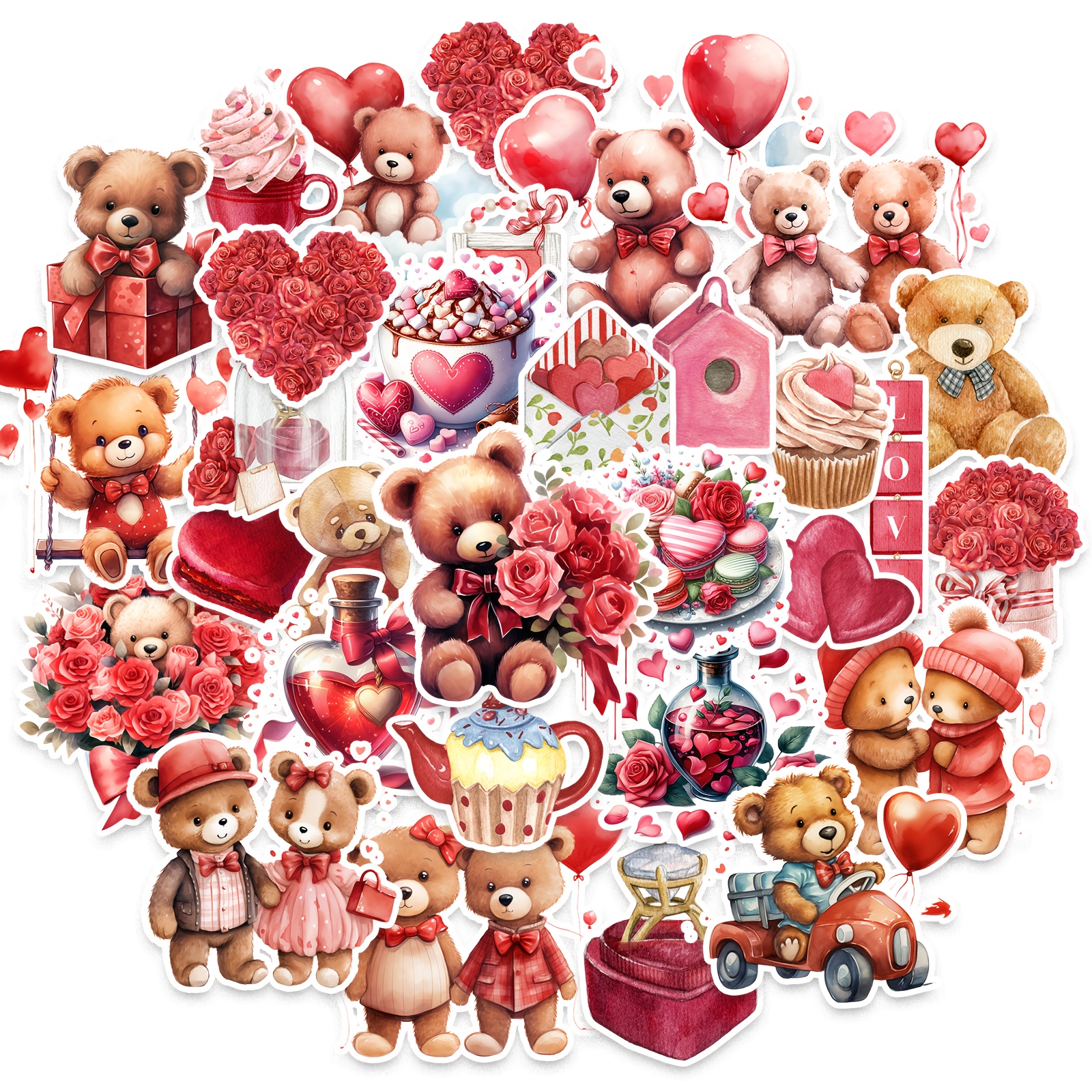 

50pcs 's Day Bear Decoratives, Mixed Adhesives For Scrapbooking, Reusable Pre- Embellished , For Water Bottles, Laptops, Phones, Diy Crafts