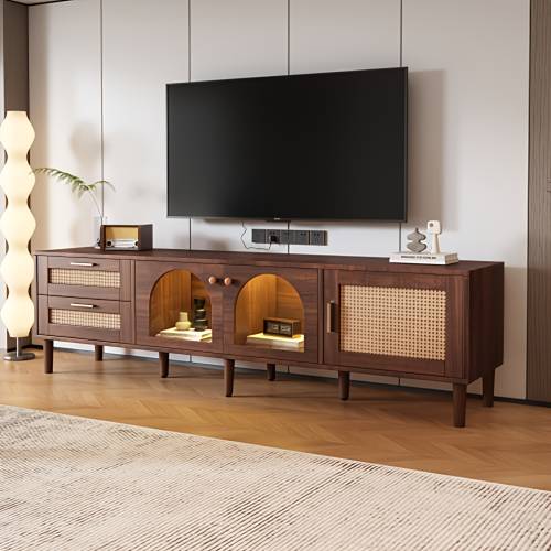Modern TV Stand for 80-Inch TVs with 2 Drawers, 2 Curved Doors & 1 Door - Stylish Storage Space, Brown Bamboo , Easy Assembly, No Power Needed, Living Room or Home Theater, Tv Table for Living Room, Entertainment Center, Contemporary Design, Durable Construction, , Materials, Home Theater Setup, Sleek Furniture, Sturdy Construction, Apartment