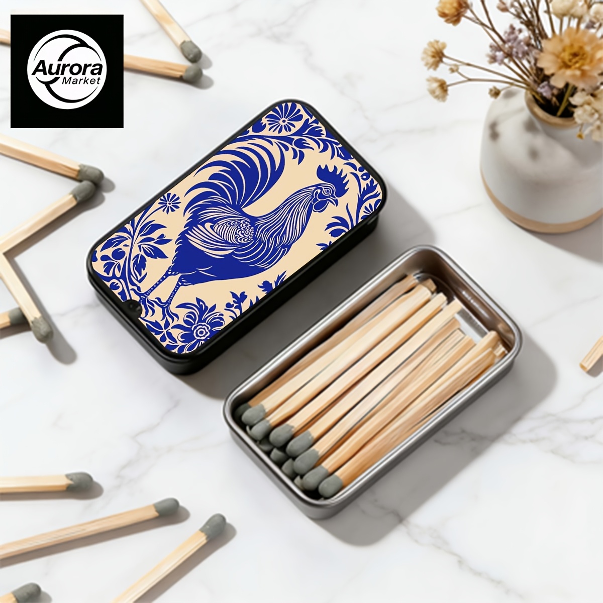 TEMU 1pc Blue- Large Rooster Pattern Metal Slide-top Matchbox, Matches Not Included, Simple And Portable Vintage Matchbox, Compact Slide-top Metal