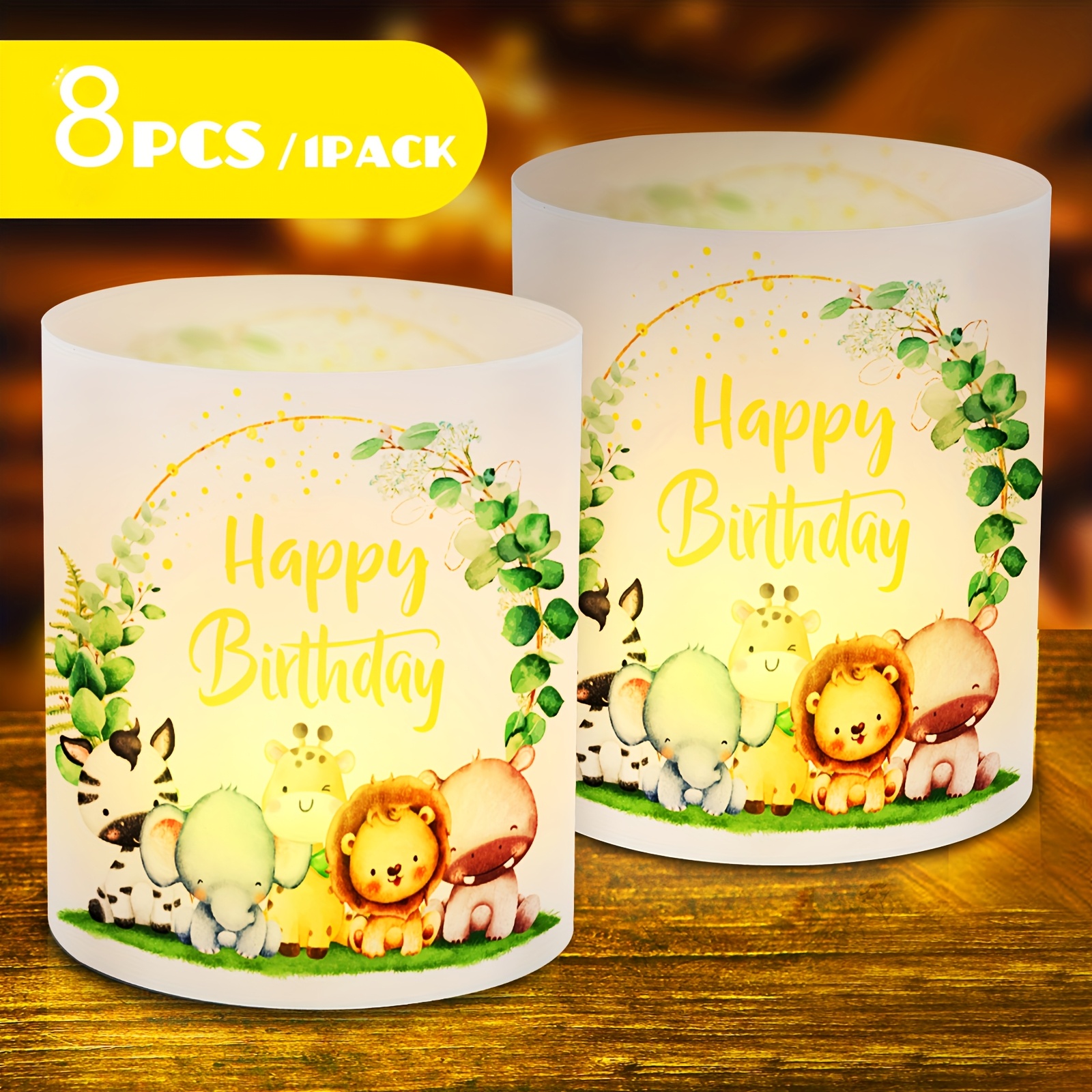Image of 8pcs Birthday Lanterns - Jungle Animals & Eucalyptus Forest Theme Plastic Tabletop Decor, No Electricity Needed For Indoor/outdoor Parties, Gender-neutral Wildlife Decorations For , Whimsical Design