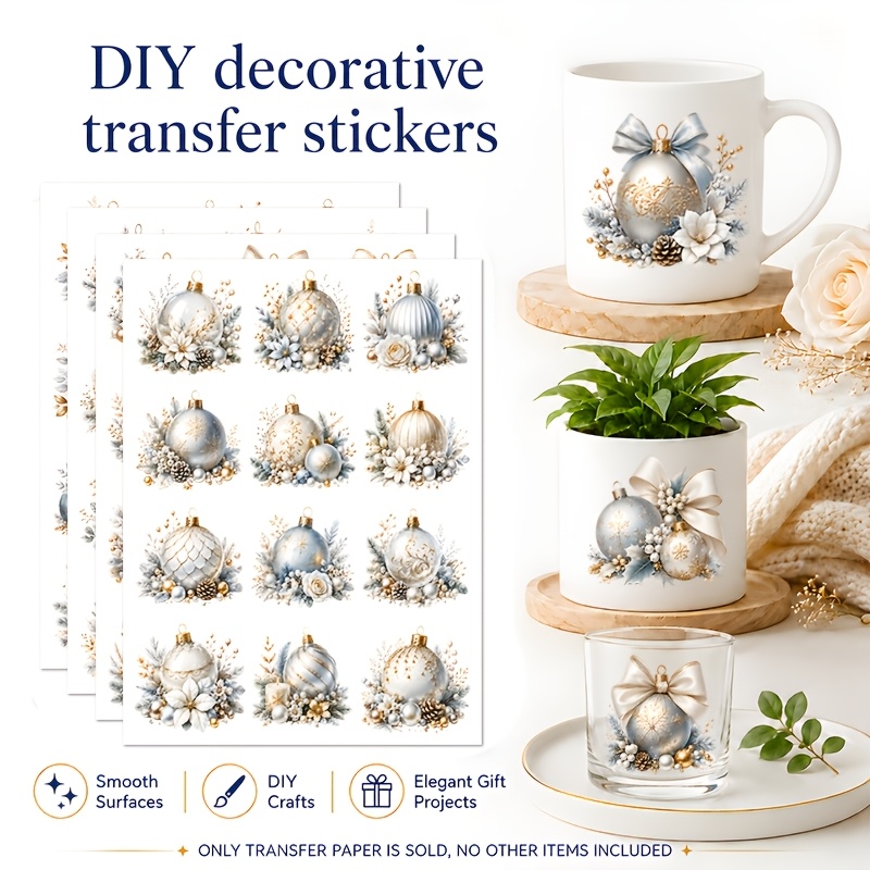 item picture 4 sheets set silvery white holiday hanging ball transfer paper soft matte textured decorative orb floral and botanical pattern transfer simple light luxury winter decoration transfer suitable for mugs coffee cups 16oz glass tumblers
