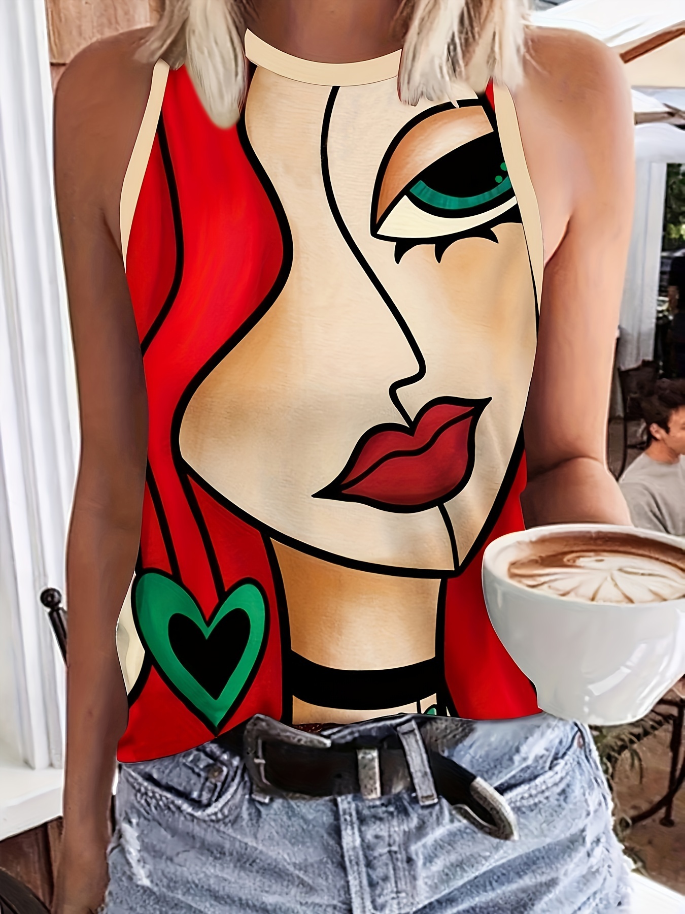 portrait print crew neck tank top casual sleeveless tank top