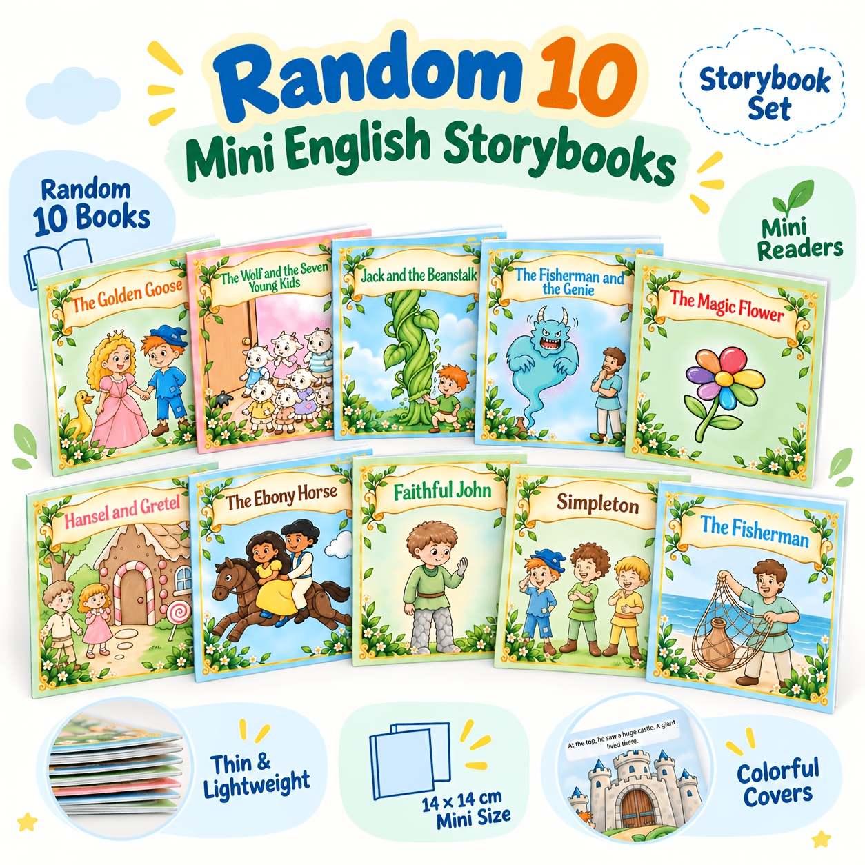 TEMU Hrpr 10 Random Mini English Story Books, 14 X 14cm Thin 8-page Readers With Picture Vocabulary, Color-coded , Grammar, Short And Long Vowel