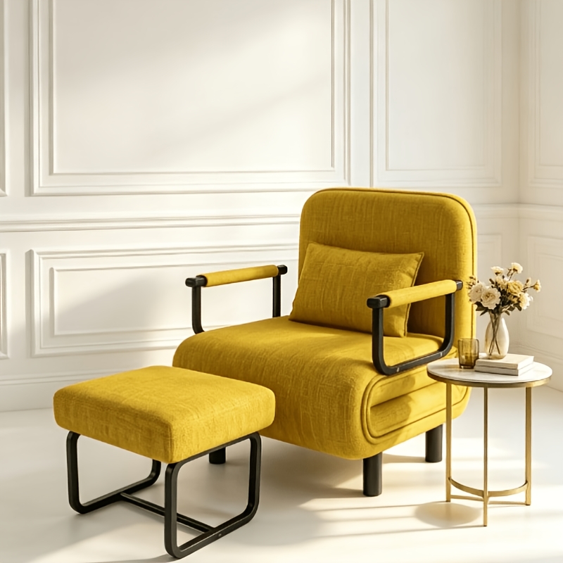 TEMU Modern Simple Black Single Sofa Chair With Ottoman, Stable Metal Frame Thickened Velvet Chair With Pillow For Small Space