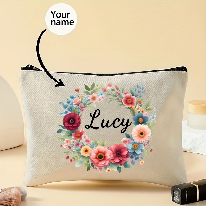 TEMU A Customized Name-printed Floral Makeup Bag - A Personalized Polyester Cosmetics Storage Pouch Suitable For Daily Use, Holidays, Events, And
