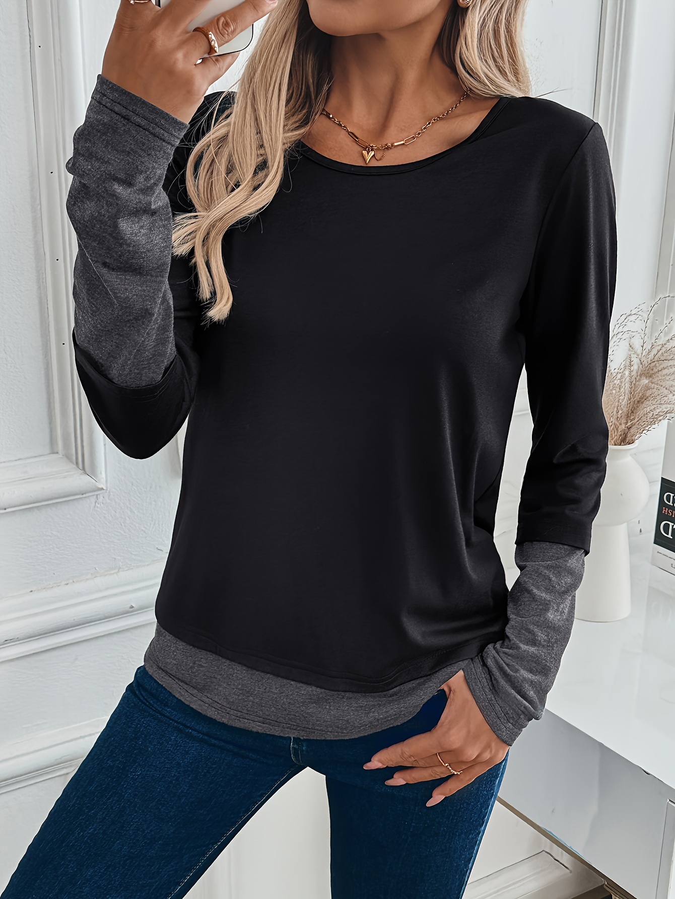 color block crew neck t shirt versatile long sleeve t shirt