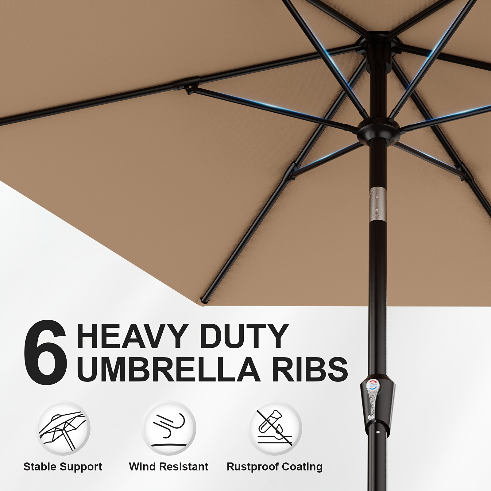 [Heavy Duty Patio Umbrella] 9ft Outdoor Umbrella, Heavy Duty Patio Umbrella with Crank, 6 Sturdy Ribs, UV Block for Market, Pool, Backyard, Garden (Base Sold Separately)