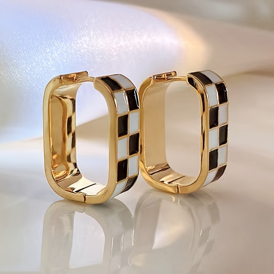 Image of And White Checkered Earrings. Chessboard Design Earrings. Fashionable And Personalized Golden Earrings, Women's Jewelry, Fashionable Minimalist Designer Earrings, Valentine's Day Gifts