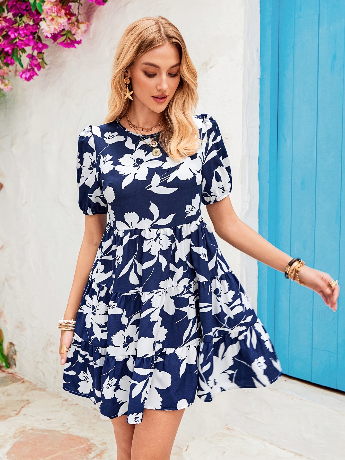 Vestido Mini A-Line con Estampado Floral para Mujer Cuello y  Dobladillo Fruncido, Lavable a Máquina para Casuales y Play