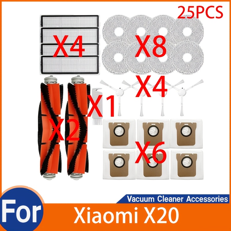 25pcs for xiaomi x20 x20 plus x10 x10 plus robot vacuum cleaner 2 main brushes 4 side brushes 8 mop pads 6 dust bags 1 cleaning tool