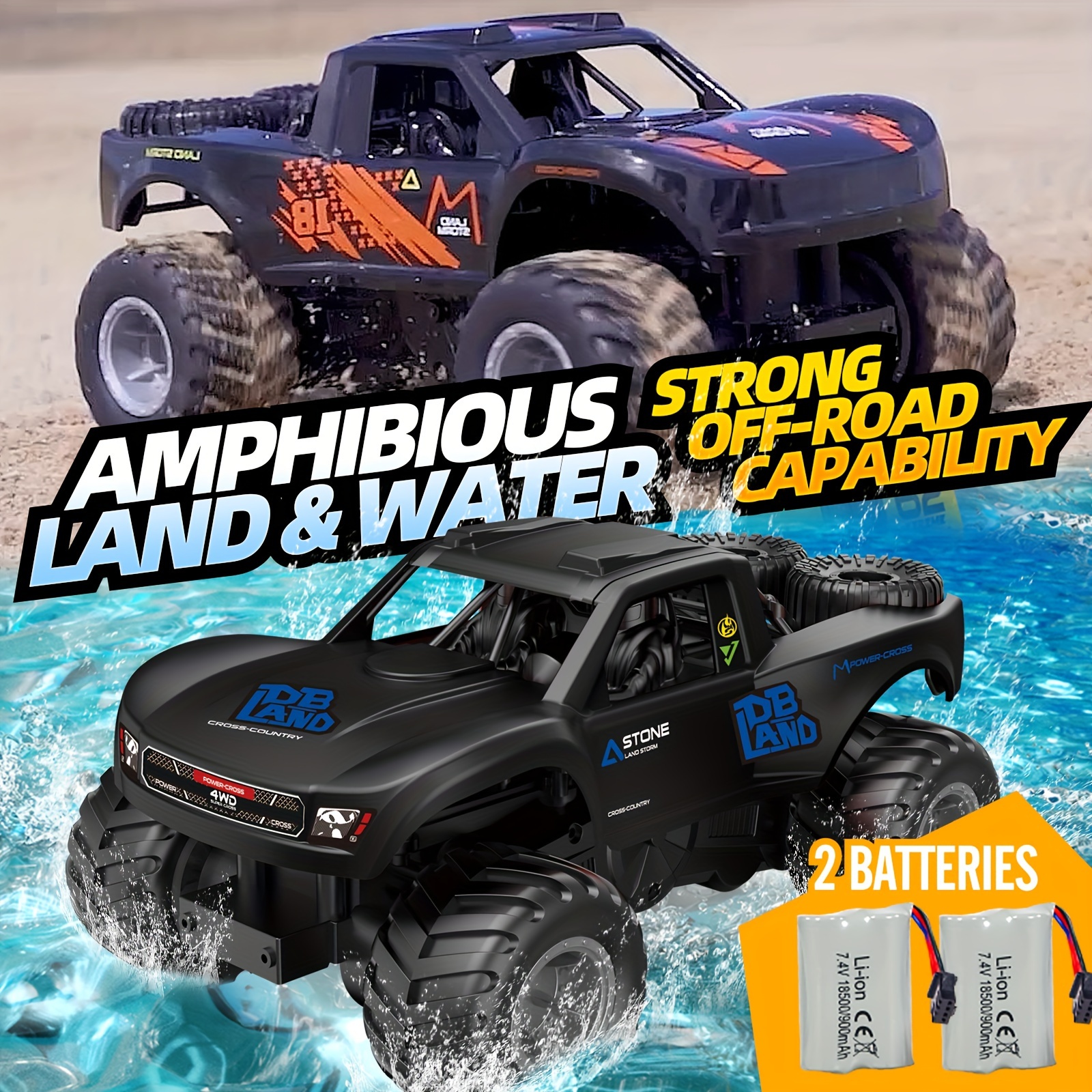 

Rc Trucks 4x4 Offroad Waterproof, 1:16 Amphibious Remote Control Car With 2 Rechargeable Battery, 4wd All Terrain Monster Truck Rc Car For Boys 4-7 Gift Present