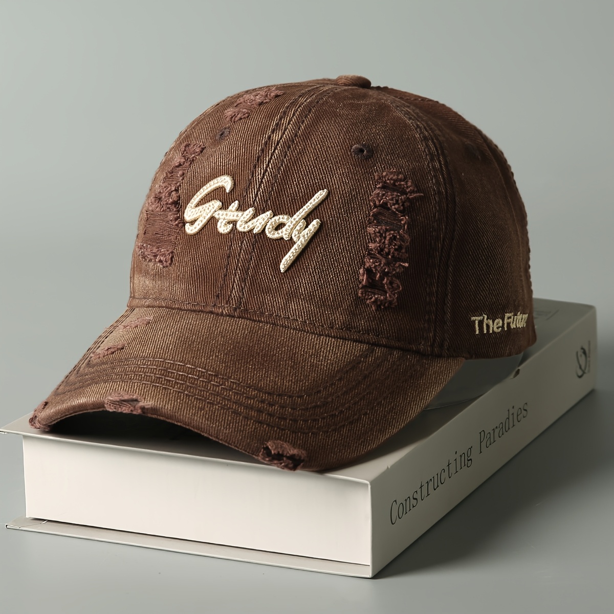 Beige Distressed Baseball Cap with 3D Brown Embroidery Y2K Streetwear Hat Abercrombie & Fitch Hat Cap Strap Back Mens One Size Beige  main image 2