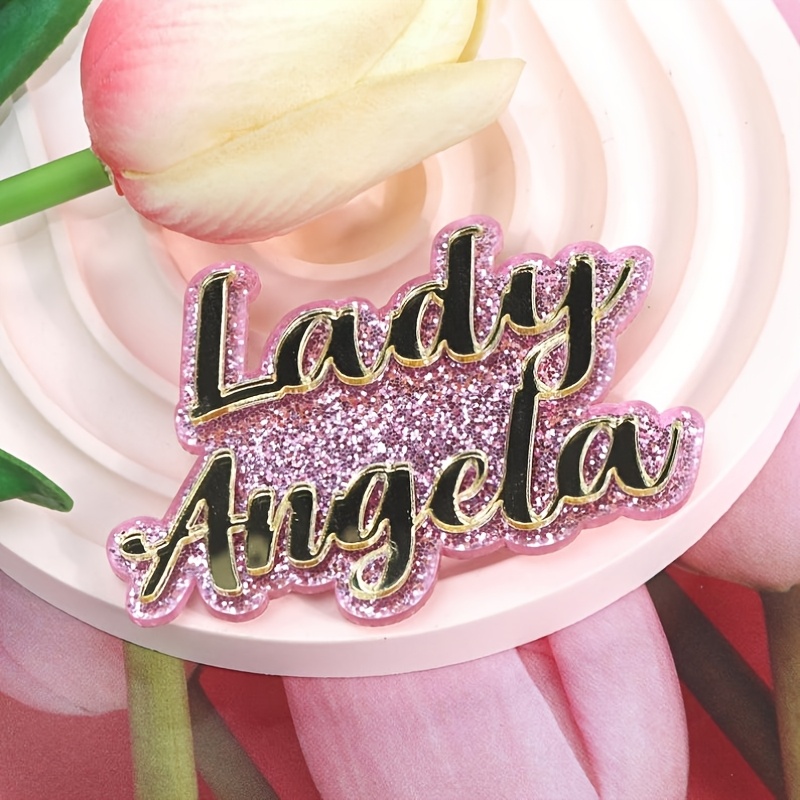 TEMU Personalized Name Pin Brooch - Custom Golden- Acrylic Badge With Pink Glitter Suitable For Weddings, Birthdays, Mother's Day Gifts, Name Tag For