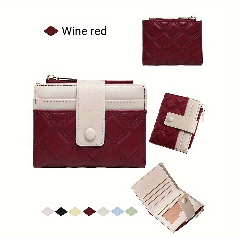 

New Style Wine Red Quilted Bi-fold Wallet With Zip Pocket And Closure, Gifts