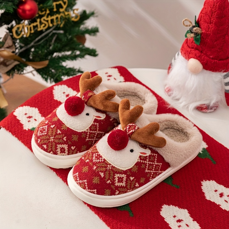 Image of Christmas Deer Cartoon Fleece-lined Warm And Comfortable Round-toe Slippers, Cute Reindeer Indoor Fashion Slip-ons For Autumn/winter - Perfect Gift Ru-ldn27216-n