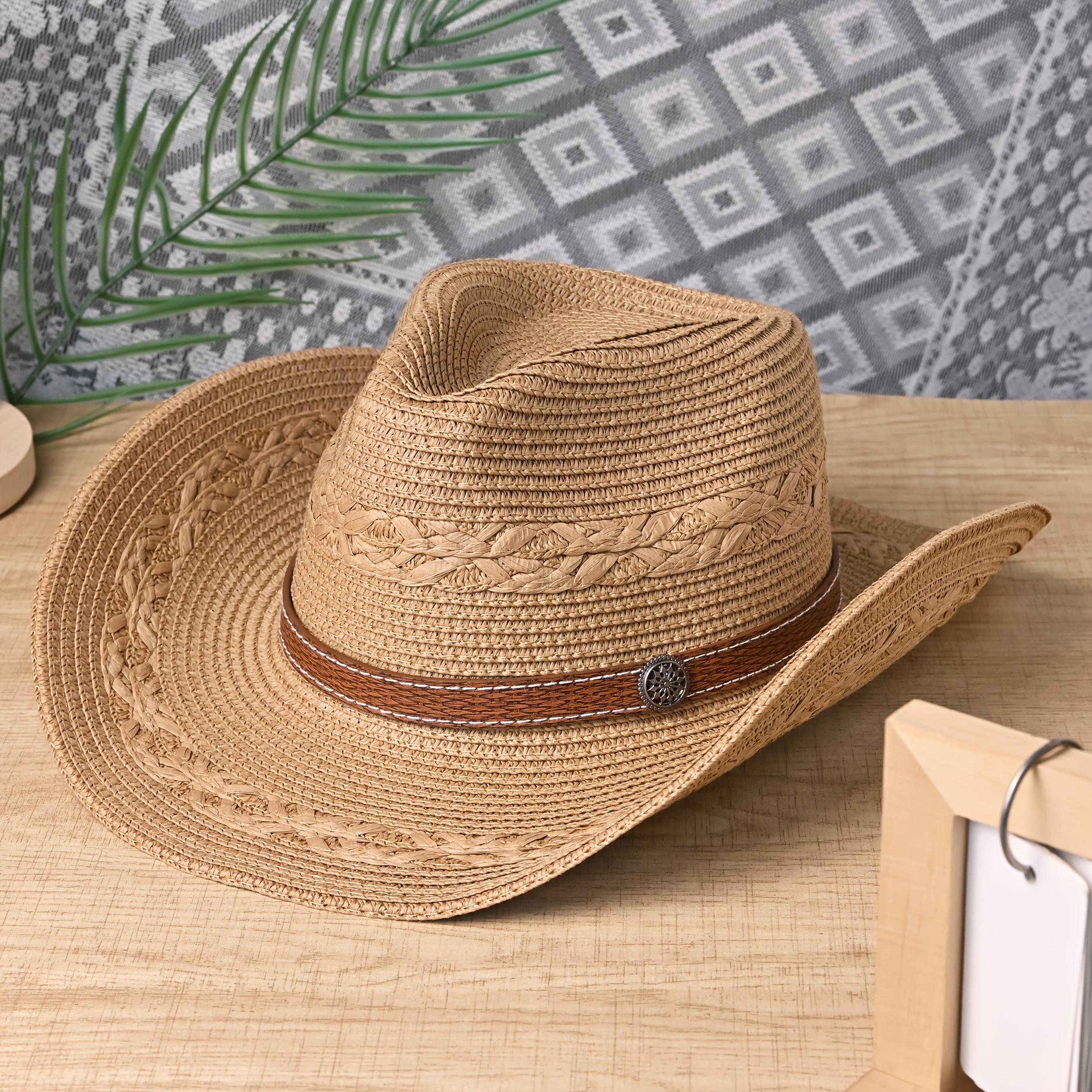 Image of Classic Minimalist Bohemian Style Brown Stitched Small Snowflake Decoration Denim Hat Suitable For Men And Women, Suitable For Wearing At Seaside, Beach, Parties