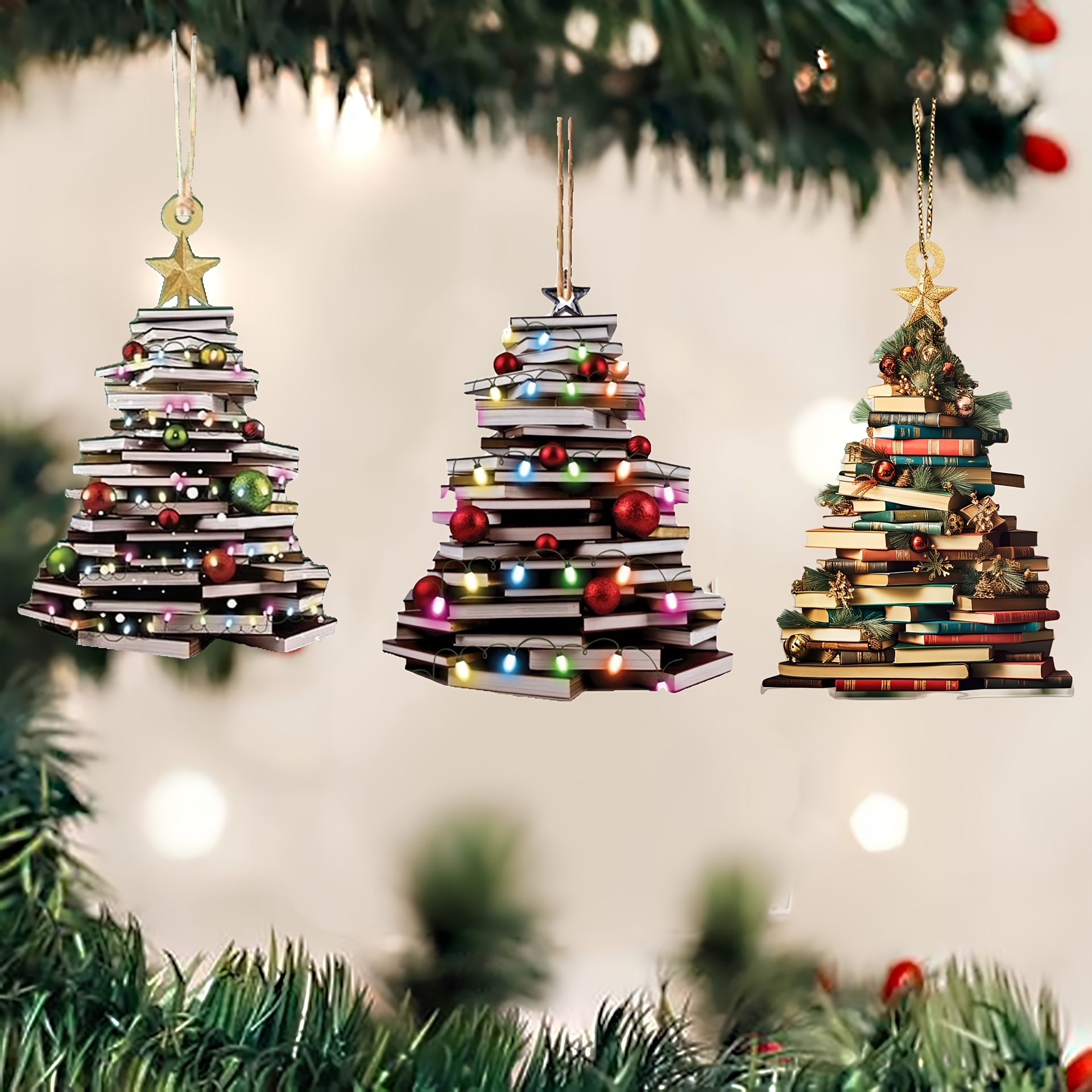 

3- Contemporary Christmas Tree Ornaments, 2d , Hanging Decorations For , Librarians, And Decor