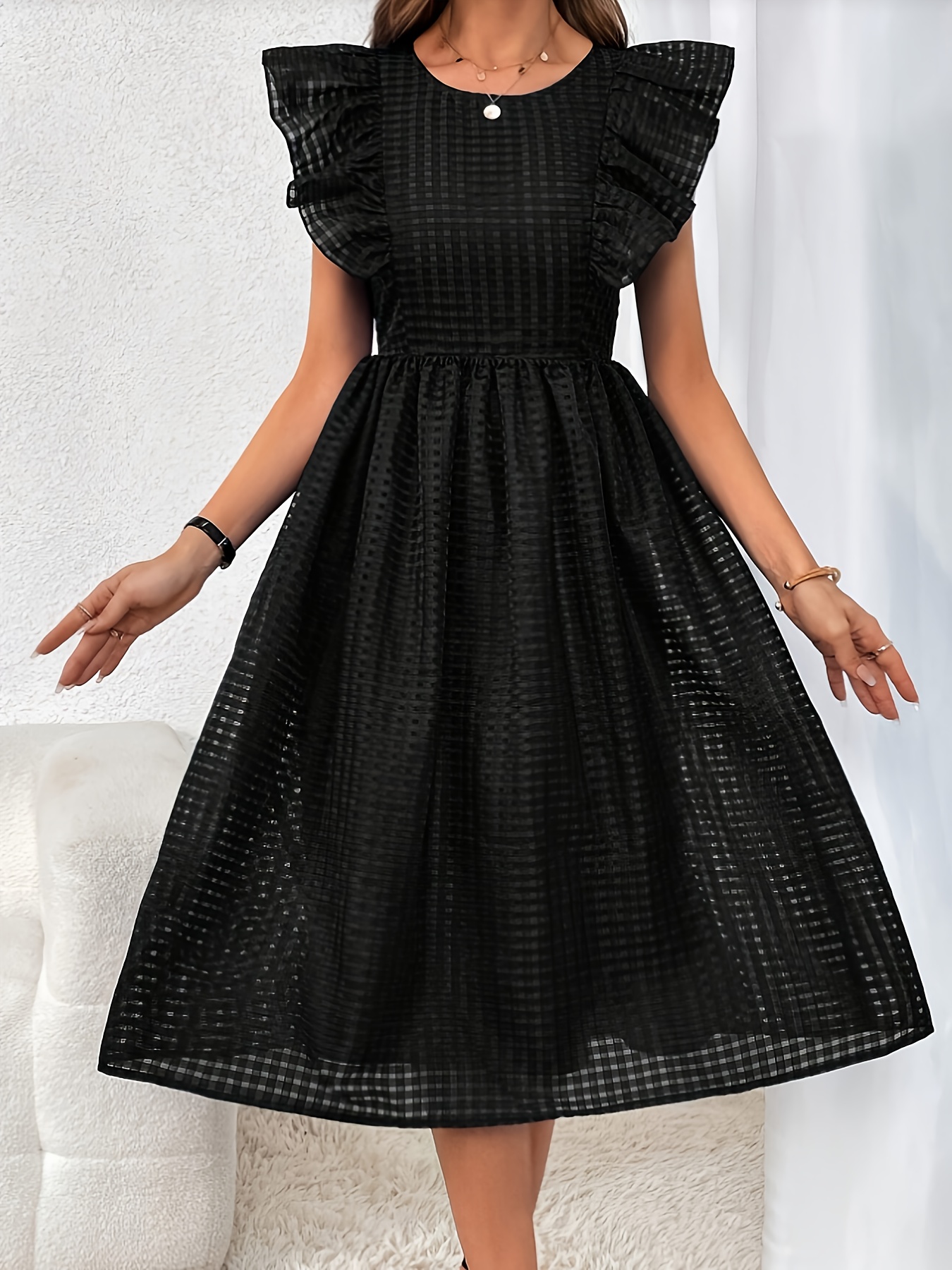 womens black   sleeve midi dress middle eastern inspired flared hem fitted bodice flared skirt machine washable   versatile dress details 4