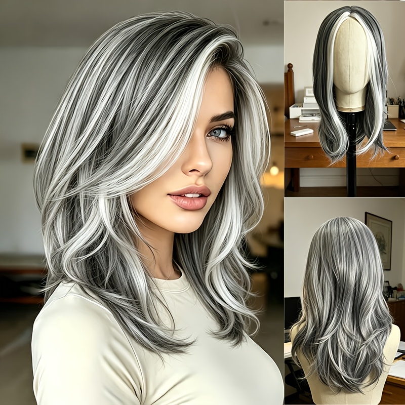 TEMU Long Gray-white Wig For Women, Fluffy Layered . Thick, Heat-resistant And Synthetic Wig, Ideal For Daily Wear, Parties, Cosplay And Fashion