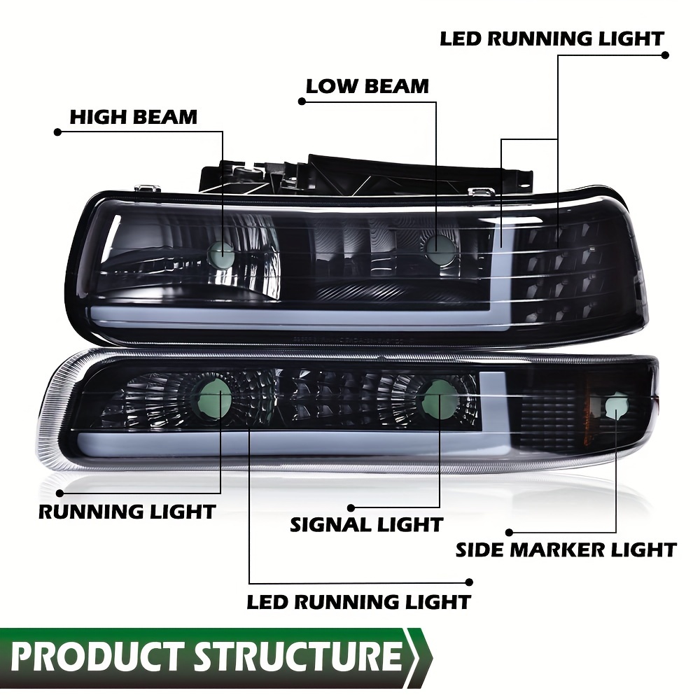 TEMU Led Drl Headlight Assembly, Truck Accessories, For Chevy Silverado/ 2000-2006 Headlamp 1999-2002 W/bumper Lights Smoke Lens Black Housing Amber Reflector, Without Battery
