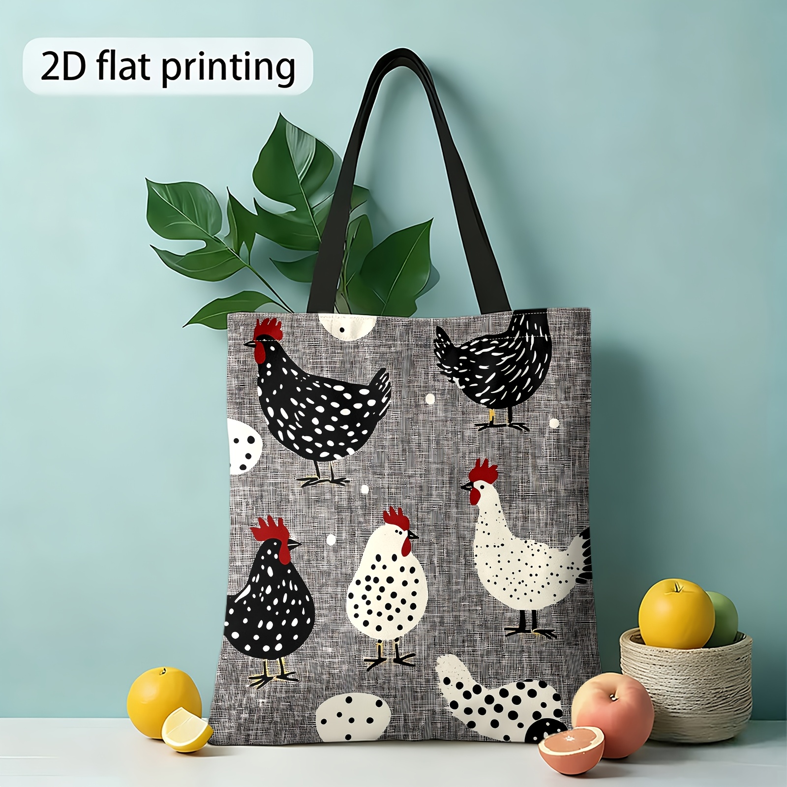 TEMU 1pc Double-sided Printing 2d Printed Shoulder Bag, Chicken Pattern, Fabric Design Reusable Shopping Bag, Ladies Handbag And Tote Bag, Suitable