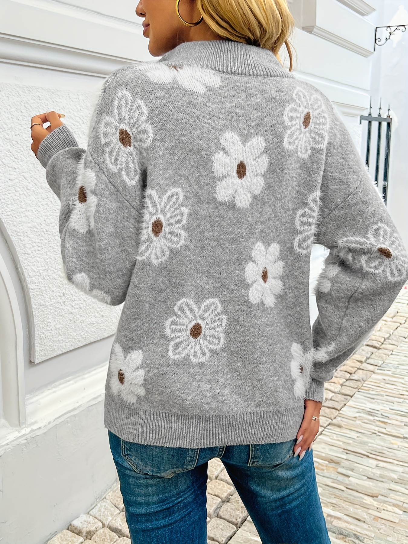 eleganter damen pullover blumenmuster halbem reißverschluss Temu